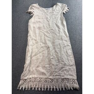 beige linen shift dress with crochet cap sleeves Martina Innocenti Small